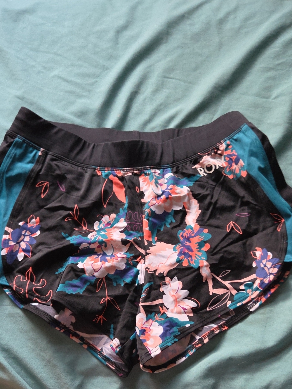 Roxy Black Athletic Shorts with Teal and Coral Floral Print